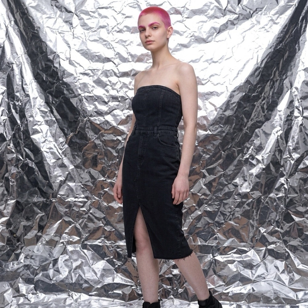 Love Tree Denim Black Strapless Midi Sheath Dress L Zip Pockets Side Slit